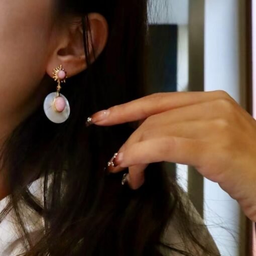 Genuine Pink Queen Conch Shell drop earring silver|Statement Pink Gemstone Jewelry|Unique Earring For Her|Vintage Halo stud Earrings women - Image 4