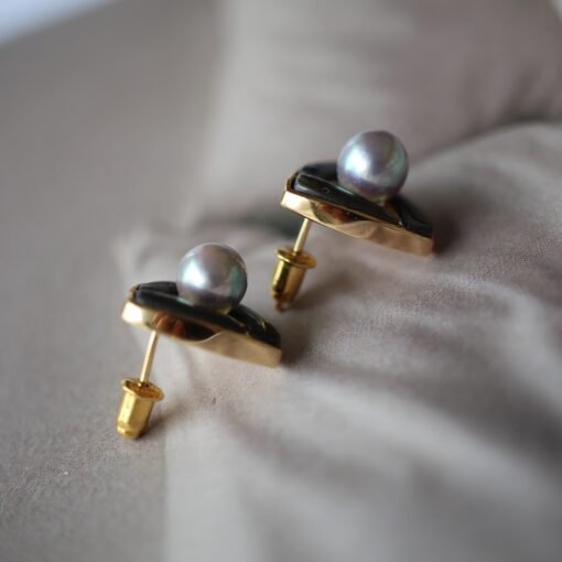 Natural Akoya Pearl stud Earrings Silver|Pedal pearl earrings|handmade Pearl studs|Statement art deco Pearl stud|Triangle design pearl studs - Image 3
