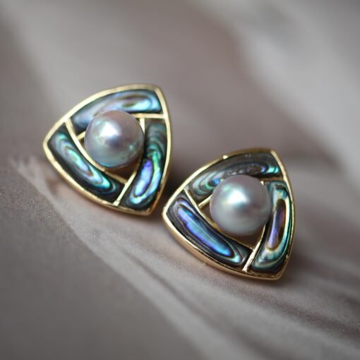 Natural Akoya Pearl stud Earrings Silver|Pedal pearl earrings|handmade Pearl studs|Statement art deco Pearl stud|Triangle design pearl studs - Image 2
