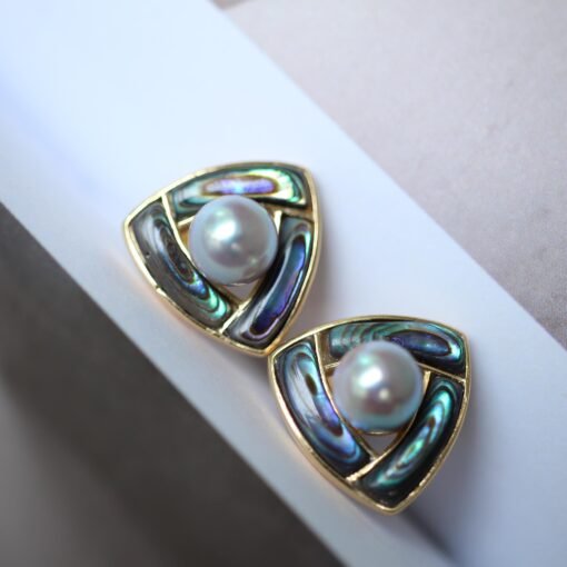 Natural Akoya Pearl stud Earrings Silver|Pedal pearl earrings|handmade Pearl studs|Statement art deco Pearl stud|Triangle design pearl studs - Image 7