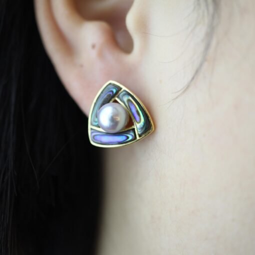 Natural Akoya Pearl stud Earrings Silver|Pedal pearl earrings|handmade Pearl studs|Statement art deco Pearl stud|Triangle design pearl studs - Image 4