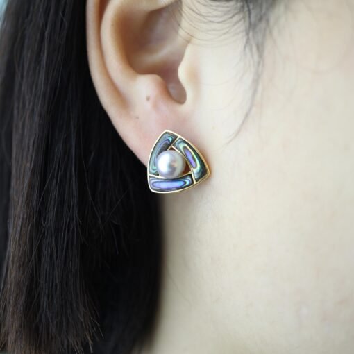 Natural Akoya Pearl stud Earrings Silver|Pedal pearl earrings|handmade Pearl studs|Statement art deco Pearl stud|Triangle design pearl studs - Image 6