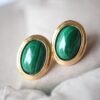 Natural Malachite Studs Earring silver|Statement Oval Malachite Jewelry|Bezel Vintage Malachite Stud|Green Gemstone Earringbridesmaids gift