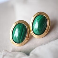 Natural Malachite Studs Earring silver|Statement Oval Malachite Jewelry|Bezel Vintage Malachite Stud|Green Gemstone Earringbridesmaids gift