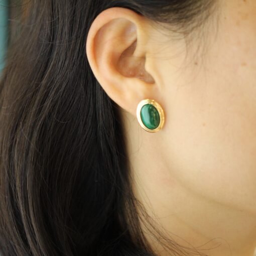 Natural Malachite Studs Earring silver|Statement Oval Malachite Jewelry|Bezel Vintage Malachite Stud|Green Gemstone Earringbridesmaids gift - Image 6