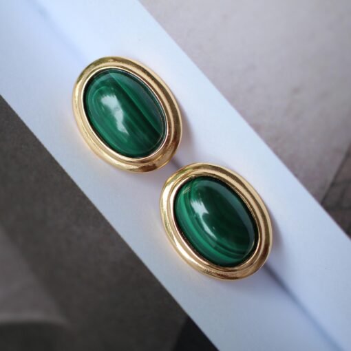 Natural Malachite Studs Earring silver|Statement Oval Malachite Jewelry|Bezel Vintage Malachite Stud|Green Gemstone Earringbridesmaids gift - Image 8