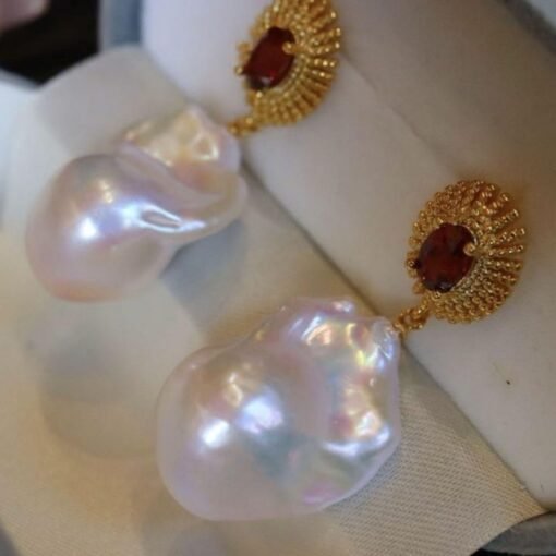 Natural Pearl Drop Earrings With Garnet Silver|Statement Modern Pearl Drop/Art deco Pearl Drop Women|Unique June Birthstone Gift - Image 5