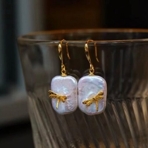 Unique Pearl Drop Earrings with Dragonfly 925 silver/Big Art deco Pearl Drop Earrings|Statement Natural Pearl Earrings Women - Image 2