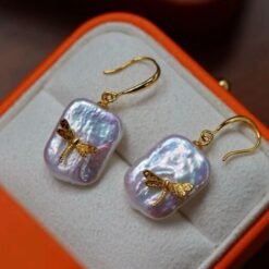 Unique Pearl Drop Earrings with Dragonfly 925 silver/Big Art deco Pearl Drop Earrings|Statement Natural Pearl Earrings Women