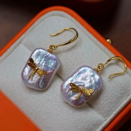 Unique Pearl Drop Earrings with Dragonfly 925 silver/Big Art deco Pearl Drop Earrings|Statement Natural Pearl Earrings Women