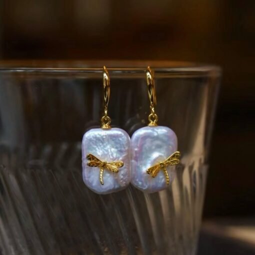 Unique Pearl Drop Earrings with Dragonfly 925 silver/Big Art deco Pearl Drop Earrings|Statement Natural Pearl Earrings Women - Image 8