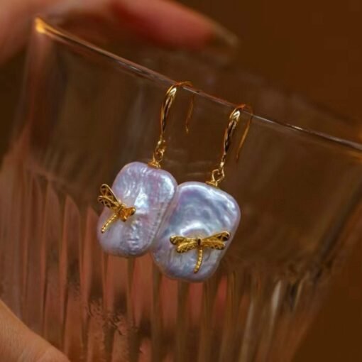 Unique Pearl Drop Earrings with Dragonfly 925 silver/Big Art deco Pearl Drop Earrings|Statement Natural Pearl Earrings Women - Image 7