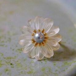 Genuine White Quartz with Seawater Pearl Ring/Unique Art Decp Quartz Pearl ringPetal Flower Quartz ring SilverAdjustable Pearl ring Women