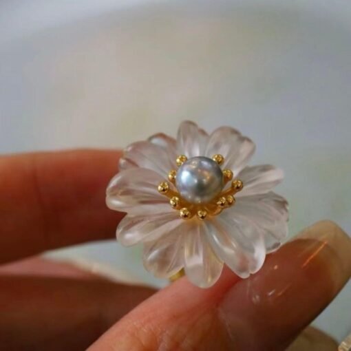 Genuine White Quartz with Seawater Pearl Ring/Unique Art Decp Quartz Pearl ringPetal Flower Quartz ring SilverAdjustable Pearl ring Women - Image 4
