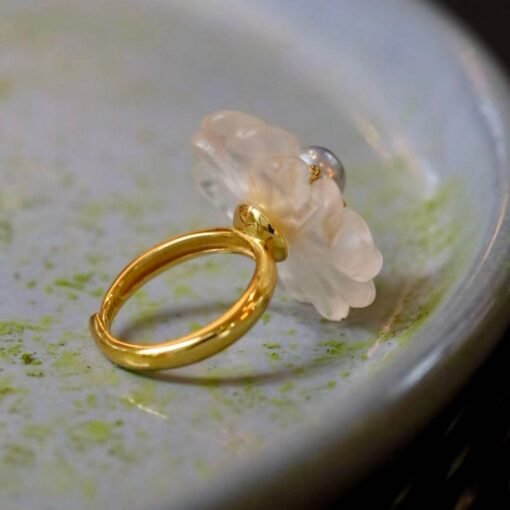 Genuine White Quartz with Seawater Pearl Ring/Unique Art Decp Quartz Pearl ringPetal Flower Quartz ring SilverAdjustable Pearl ring Women - Image 2