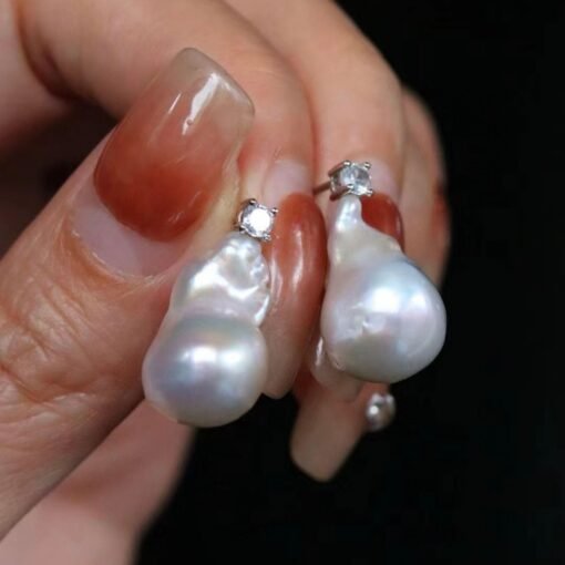 Unique Baroque Pearl Drop Earrings with Zircon silver|Big Natural Genuine Pearl Earrings women|Modern Art Deco Pearl Stud Earrings - Image 3