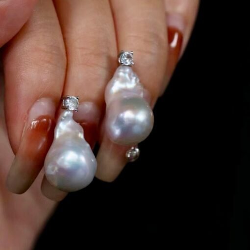 Unique Baroque Pearl Drop Earrings with Zircon silver|Big Natural Genuine Pearl Earrings women|Modern Art Deco Pearl Stud Earrings