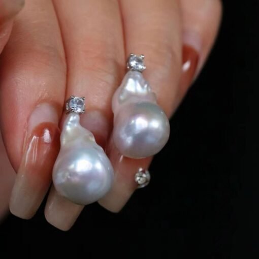 Unique Baroque Pearl Drop Earrings with Zircon silver|Big Natural Genuine Pearl Earrings women|Modern Art Deco Pearl Stud Earrings - Image 6
