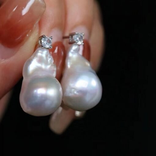 Unique Baroque Pearl Drop Earrings with Zircon silver|Big Natural Genuine Pearl Earrings women|Modern Art Deco Pearl Stud Earrings - Image 8