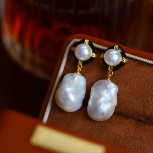 Unique Baroque Pearl Drop Earrings with Zircon silver|Big Natural Double Pearl Earrings women|Vintage Art Deco Pearl Stud Earrings - Image 2