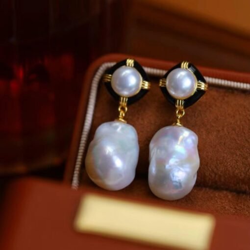 Unique Baroque Pearl Drop Earrings with Zircon silver|Big Natural Double Pearl Earrings women|Vintage Art Deco Pearl Stud Earrings - Image 3