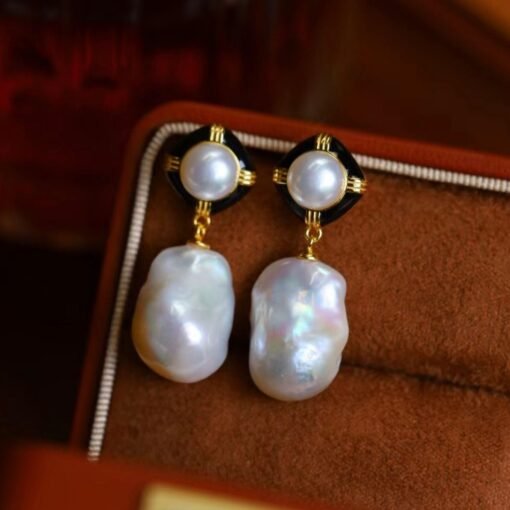 Unique Baroque Pearl Drop Earrings with Zircon silver|Big Natural Double Pearl Earrings women|Vintage Art Deco Pearl Stud Earrings - Image 4