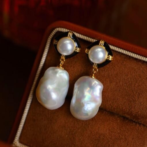 Unique Baroque Pearl Drop Earrings with Zircon silver|Big Natural Double Pearl Earrings women|Vintage Art Deco Pearl Stud Earrings - Image 6