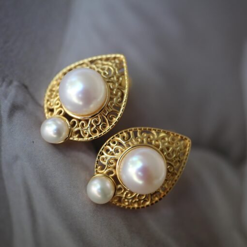Vintage freshwater pearl stud earrings sterling silver|Real Pearl Studs Earrings gold|Antique Pearl Earrings|Hand Carved Gemstone Earrings - Image 2