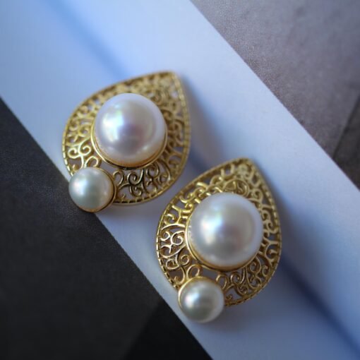 Vintage freshwater pearl stud earrings sterling silver|Real Pearl Studs Earrings gold|Antique Pearl Earrings|Hand Carved Gemstone Earrings - Image 3