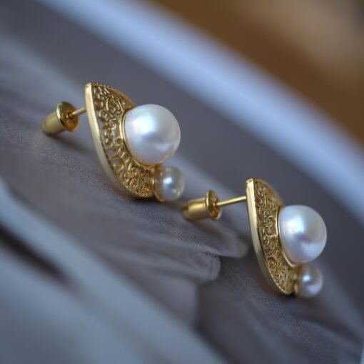 Vintage freshwater pearl stud earrings sterling silver|Real Pearl Studs Earrings gold|Antique Pearl Earrings|Hand Carved Gemstone Earrings - Image 7