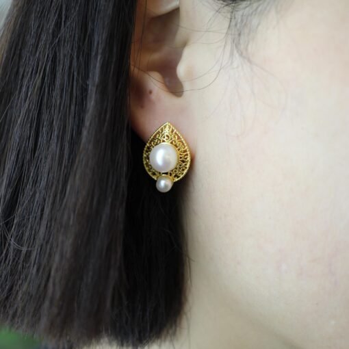 Vintage freshwater pearl stud earrings sterling silver|Real Pearl Studs Earrings gold|Antique Pearl Earrings|Hand Carved Gemstone Earrings - Image 4