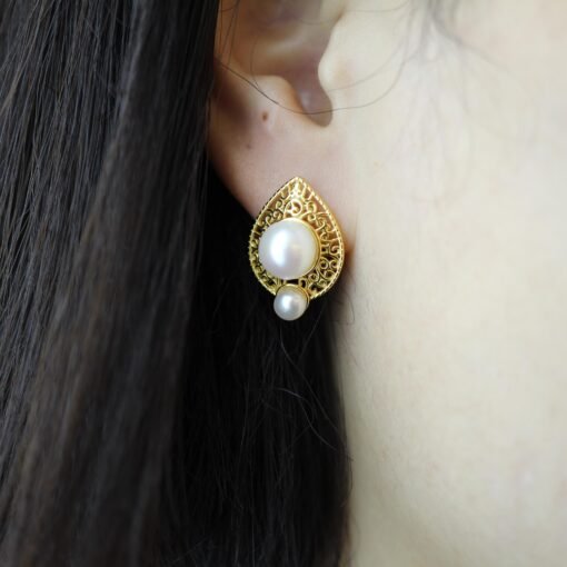 Vintage freshwater pearl stud earrings sterling silver|Real Pearl Studs Earrings gold|Antique Pearl Earrings|Hand Carved Gemstone Earrings - Image 8