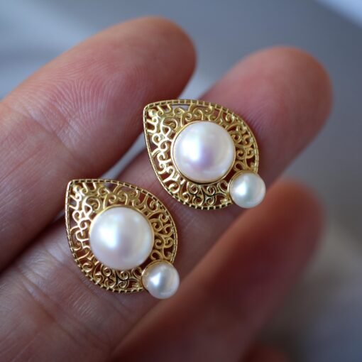 Vintage freshwater pearl stud earrings sterling silver|Real Pearl Studs Earrings gold|Antique Pearl Earrings|Hand Carved Gemstone Earrings - Image 6