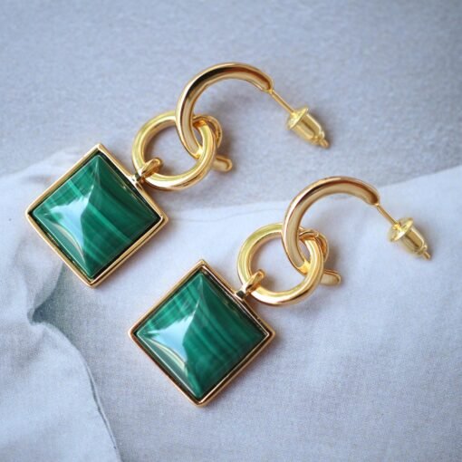 Natural Square Malachite Studs Earrings sterling silver|Vintage Malachite stud|Statement Green Studs Earrings|Antique Gemstone Earrings - Image 3