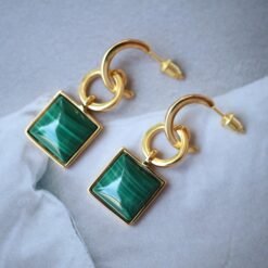 Natural Square Malachite Studs Earrings sterling silver|Vintage Malachite stud|Statement Green Studs Earrings|Antique Gemstone Earrings