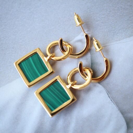 Natural Square Malachite Studs Earrings sterling silver|Vintage Malachite stud|Statement Green Studs Earrings|Antique Gemstone Earrings - Image 5