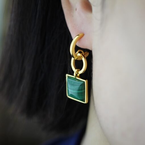 Natural Square Malachite Studs Earrings sterling silver|Vintage Malachite stud|Statement Green Studs Earrings|Antique Gemstone Earrings - Image 4