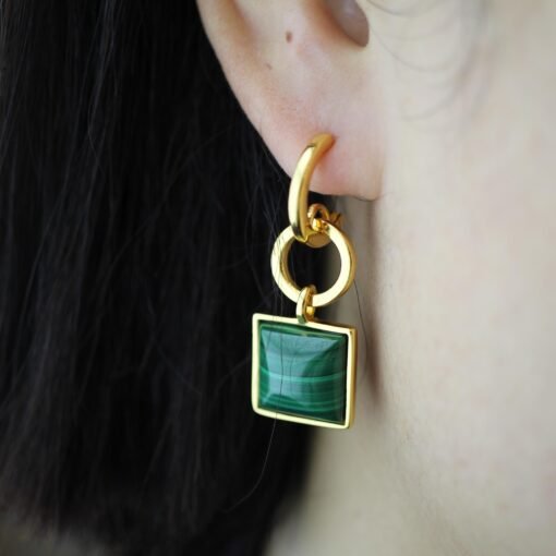 Natural Square Malachite Studs Earrings sterling silver|Vintage Malachite stud|Statement Green Studs Earrings|Antique Gemstone Earrings - Image 8