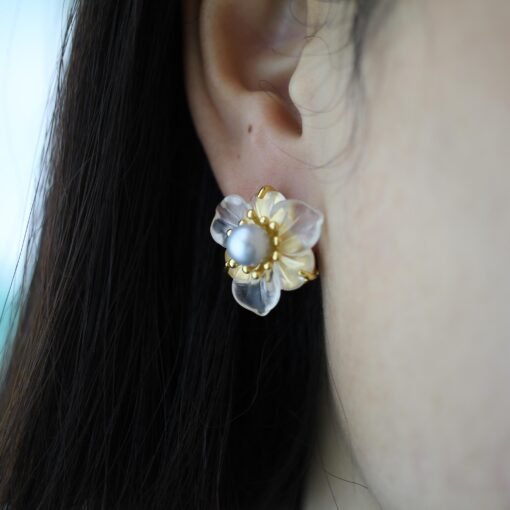 Unique Frosted Crystal Pedal Earrings Silver|Dainty Flower Studs Earrings With Pearl|Charm Pearl Jewelry|Hand Carved Quartz Studs Earrings - Image 4
