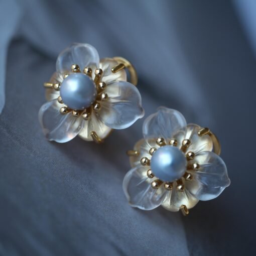 Unique Frosted Crystal Pedal Earrings Silver|Dainty Flower Studs Earrings With Pearl|Charm Pearl Jewelry|Hand Carved Quartz Studs Earrings - Image 5