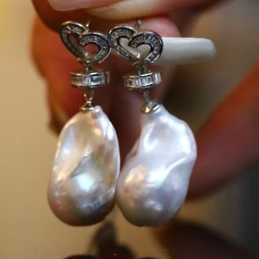 Unique Baroque Pearl Drop Earrings with Zircon silver|Big Natural Genuine Pearl Earrings women|Modern Art Deco Pearl Stud Earrings - Image 2