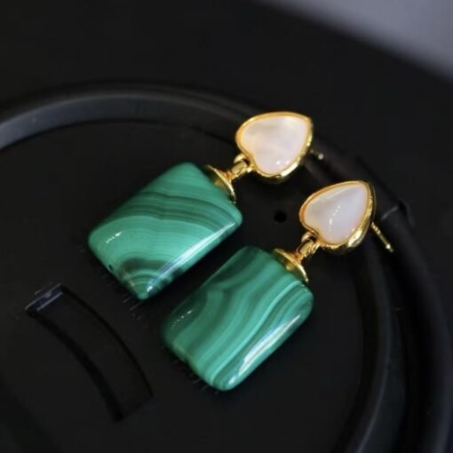 Genuine Malachite Studs Earrings Sterling Silver|Statement Malachite Earrings|Oval Halo Malachite Earrings Silver|Vintage malachite studs - Image 2