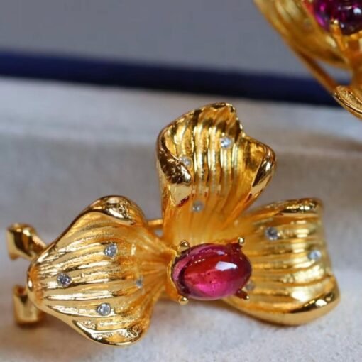 Natural Floral Garnet Earrings Gold Plated silver/Unique Petal Garnet Earrings Women/Art Deco Vintage Statement Red Gemstone Earrings Gold - Image 5