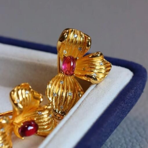 Natural Floral Garnet Earrings Gold Plated silver/Unique Petal Garnet Earrings Women/Art Deco Vintage Statement Red Gemstone Earrings Gold - Image 3
