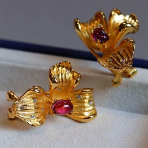Natural Floral Garnet Earrings Gold Plated silver/Unique Petal Garnet Earrings Women/Art Deco Vintage Statement Red Gemstone Earrings Gold - Image 7