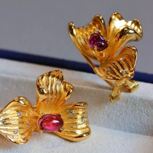 Natural Floral Garnet Earrings Gold Plated silver/Unique Petal Garnet Earrings Women/Art Deco Vintage Statement Red Gemstone Earrings Gold - Image 6