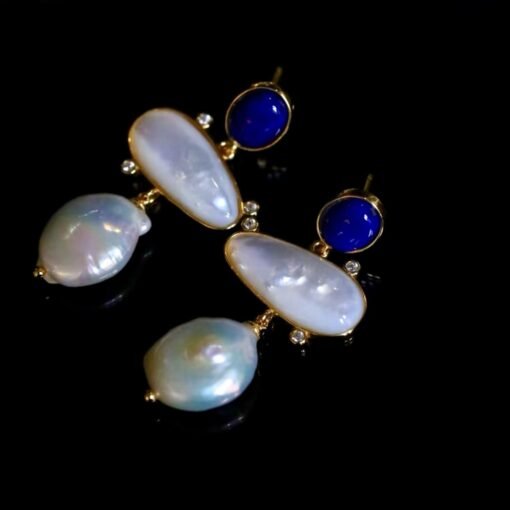 Unique Pearl Drop Earrings With Lapis Lazuli Silver|Real Pearl Studs Earrings|Vintage Statement Pearl Earrings|Natural Handmade Earrings - Image 4