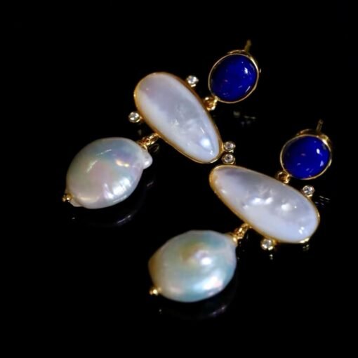 Unique Pearl Drop Earrings With Lapis Lazuli Silver|Real Pearl Studs Earrings|Vintage Statement Pearl Earrings|Natural Handmade Earrings - Image 5