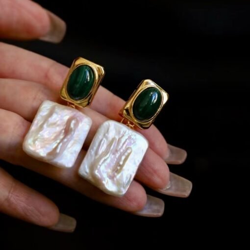 Natural Malachite Studs Earrings With Pearl Silver|Malachite Jewelry|Green Studs Earrings Latch Back|Real Pearl Earrings|Wedding Earrings - Image 2