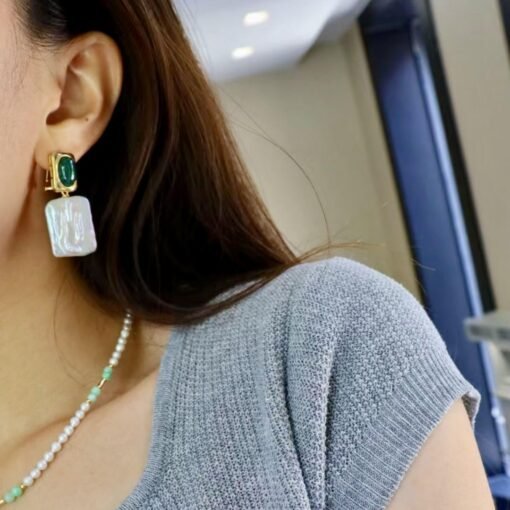 Natural Malachite Studs Earrings With Pearl Silver|Malachite Jewelry|Green Studs Earrings Latch Back|Real Pearl Earrings|Wedding Earrings - Image 4